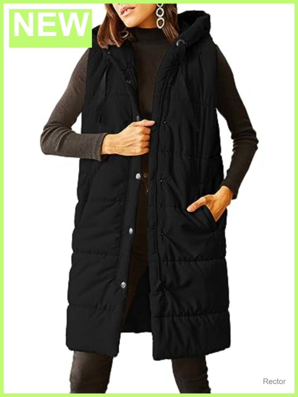 Women's Long Quilted Puffer Vest Sleeveless Hooded Button Down Padded Coat